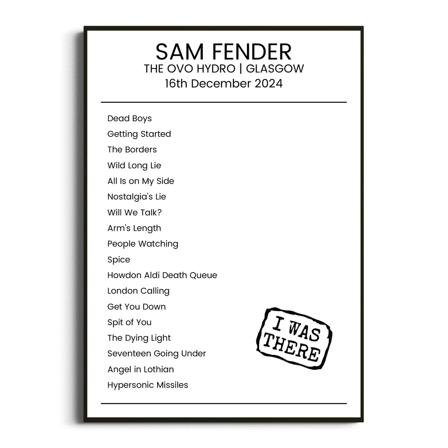 Sam Fender Glasgow 16 December 2024 Setlist Poster