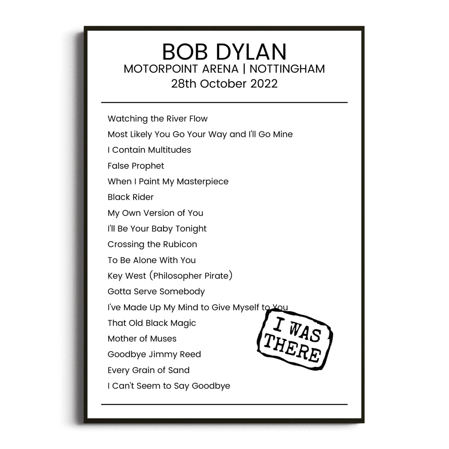 Bob Dylan Nottingham 28 October 2022 Setlist Poster