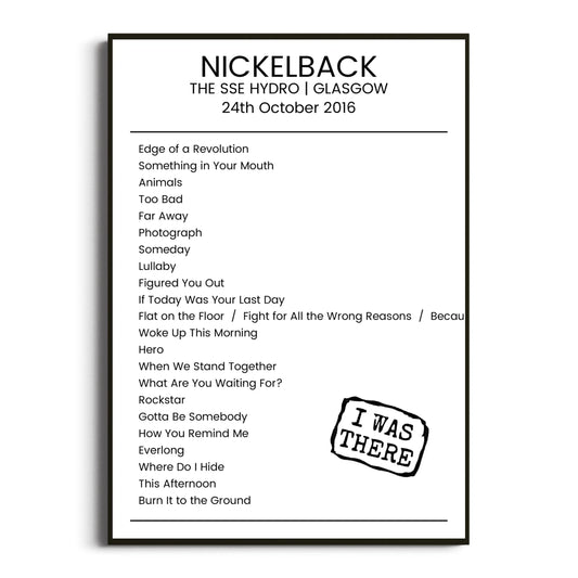 Nickelback Glasgow 24 October 2016 Setlist Poster