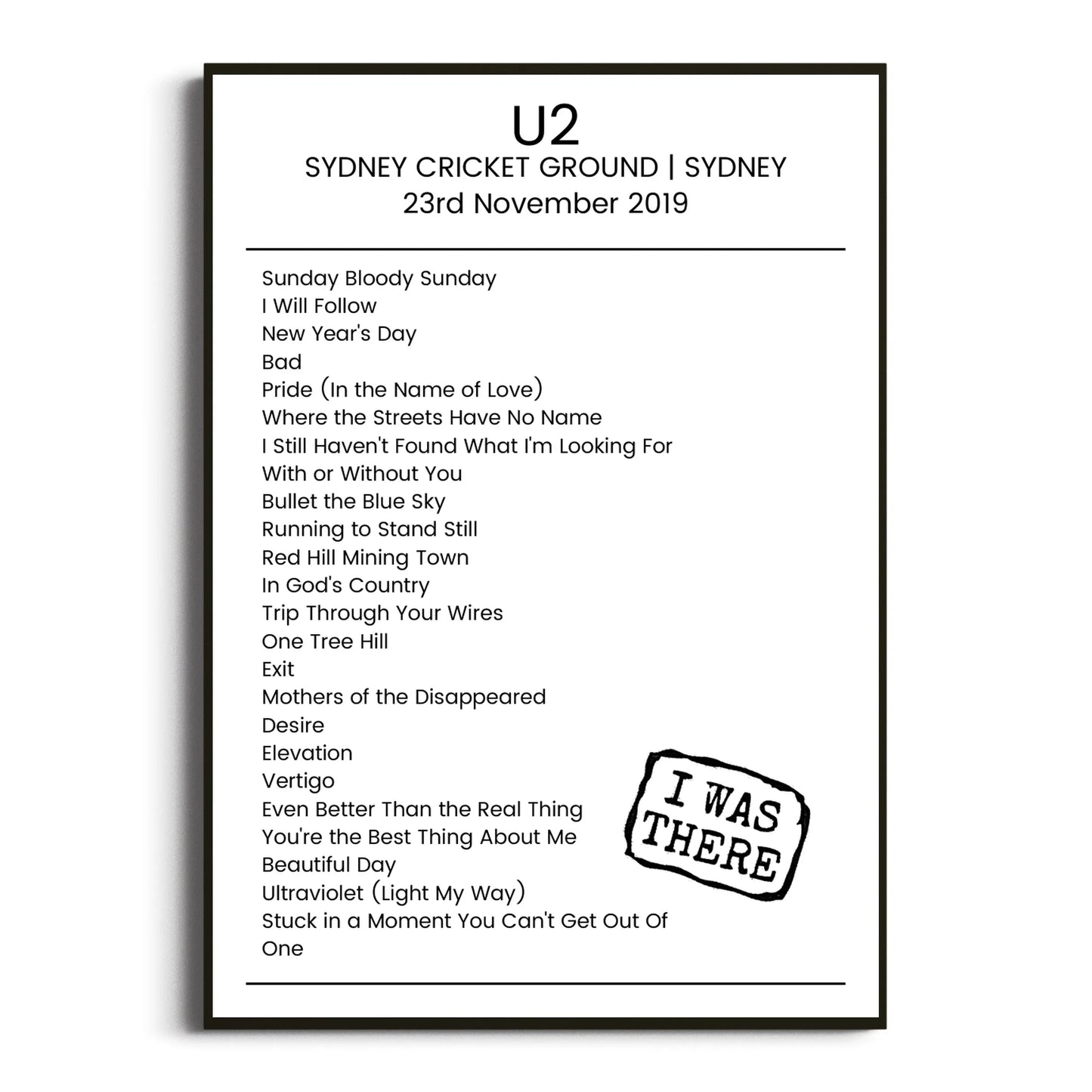 U2 Sydney 23 November 2019 Setlist Poster