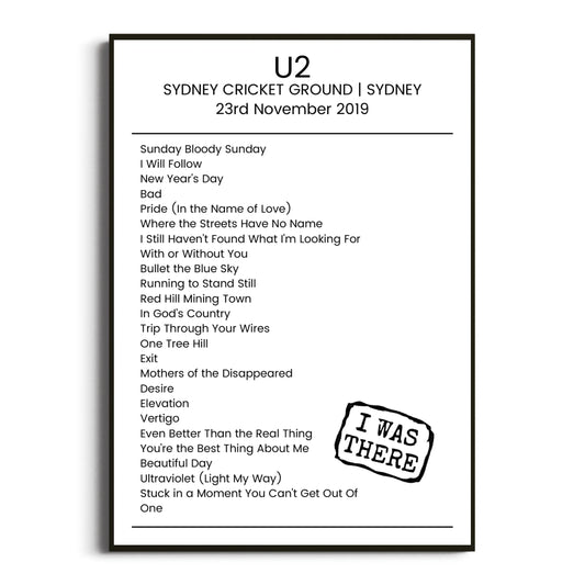 U2 Sydney 23 November 2019 Setlist Poster