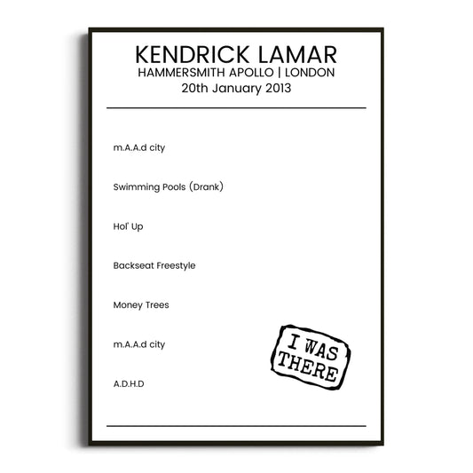 Kendrick Lamar London 20 January 2013 Setlist Poster