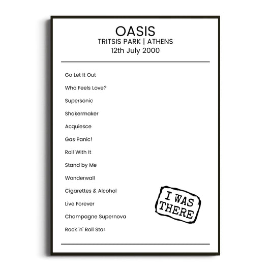 Oasis Athens 12 July 2000 Setlist Poster