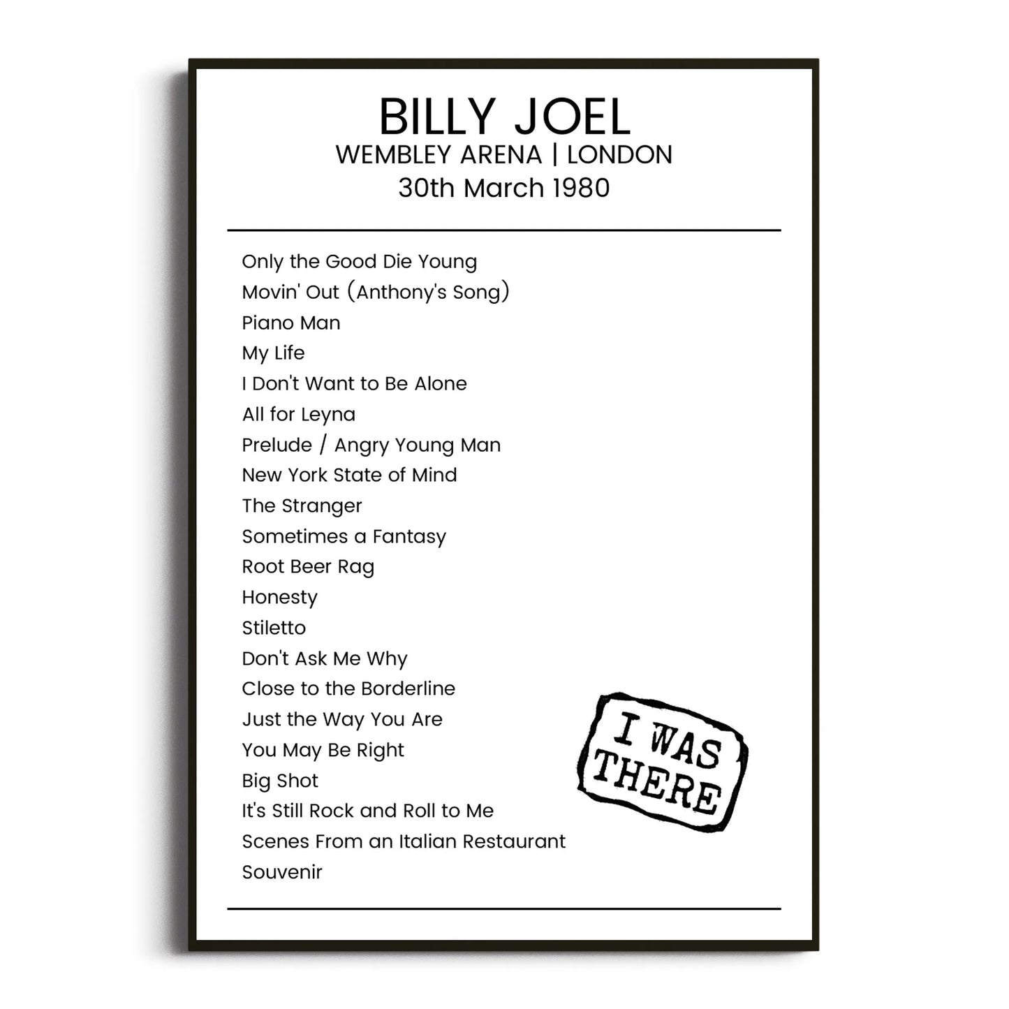 Billy Joel London 30 March 1980 Setlist Poster