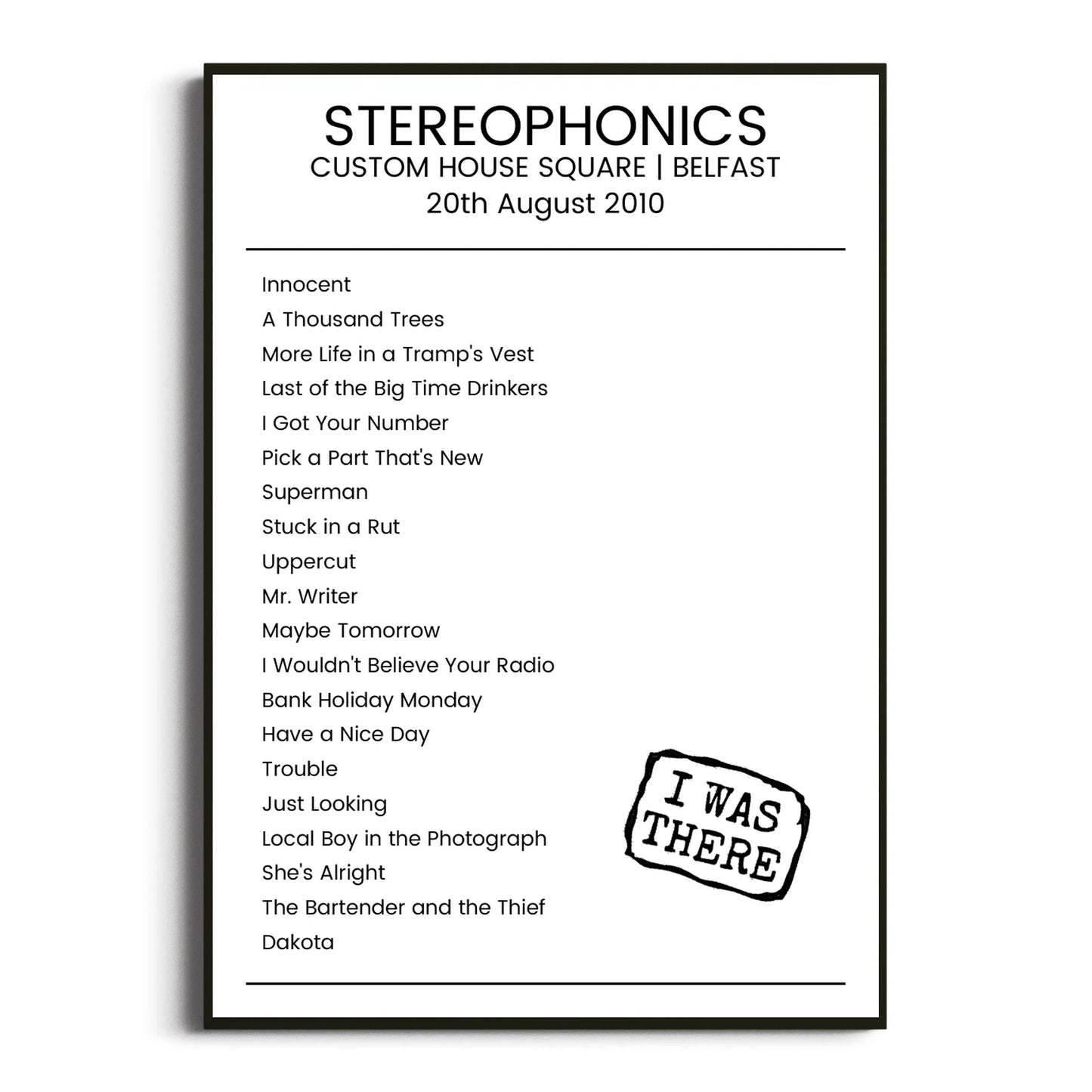 Stereophonics Belfast 20 August 2010 Setlist Poster