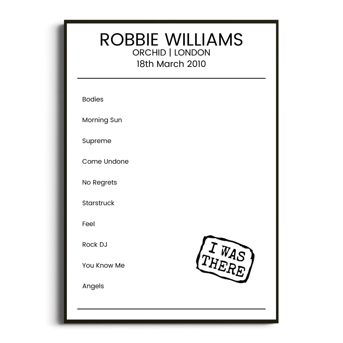 Robbie Williams London 18 March 2010 Setlist Poster