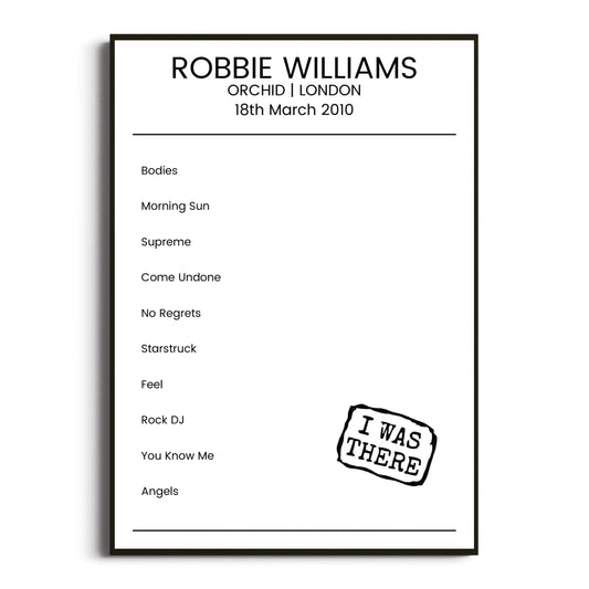 Robbie Williams London 18 March 2010 Setlist Poster