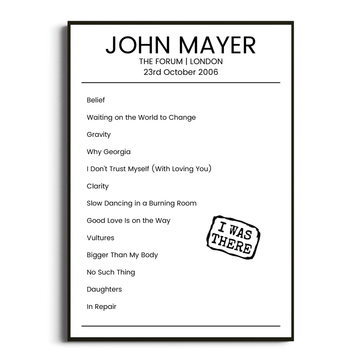 John Mayer London 23 October 2006 Setlist Poster