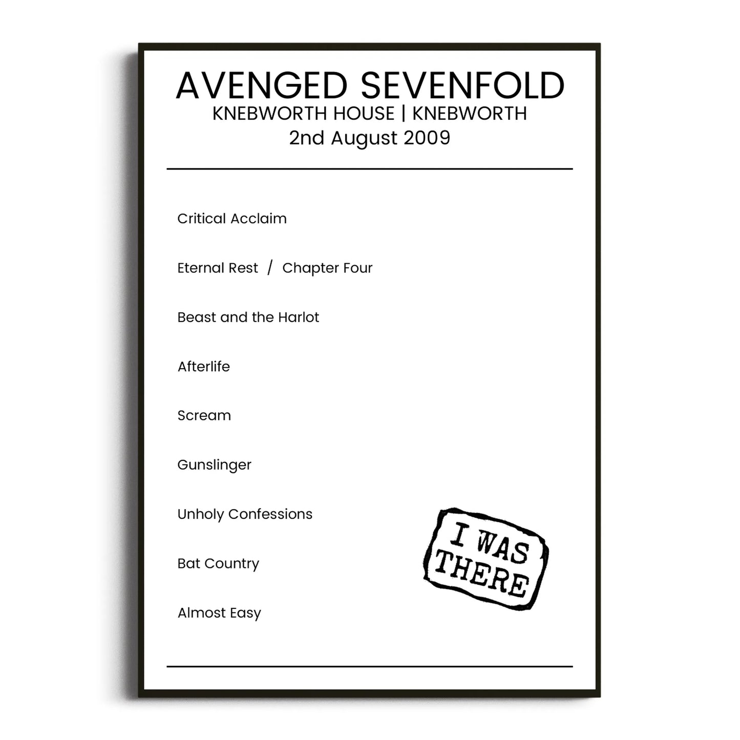 Avenged Sevenfold Knebworth 02 August 2009 Setlist Poster