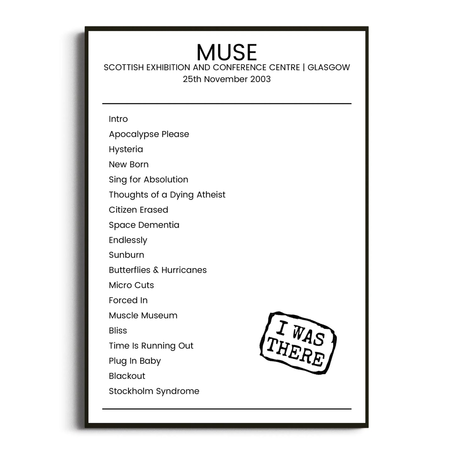 Muse Glasgow 25 November 2003 Setlist Poster