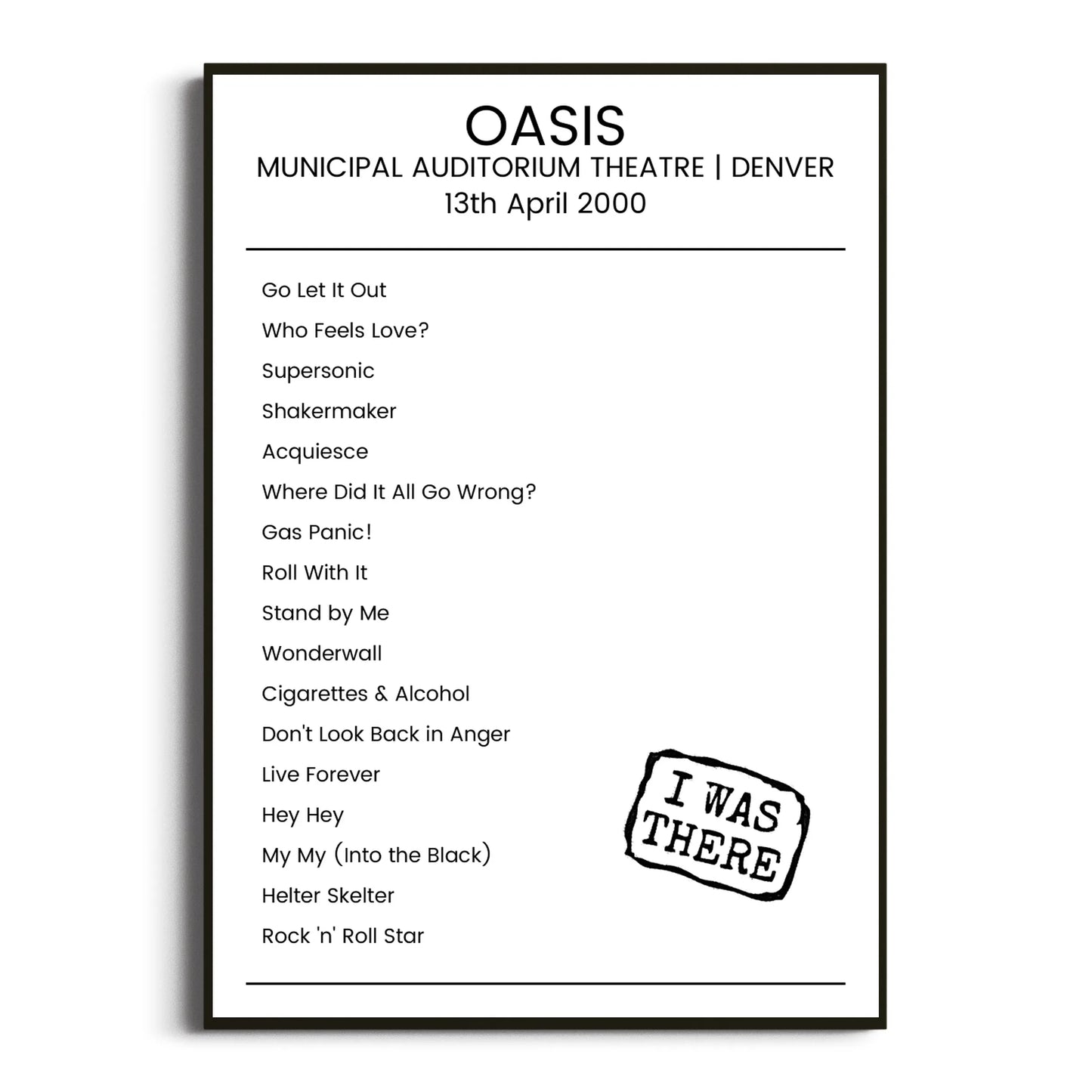 Oasis Denver 13 April 2000 Setlist Poster