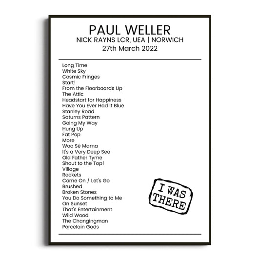 Paul Weller Norwich 27 March 2022 Setlist Poster