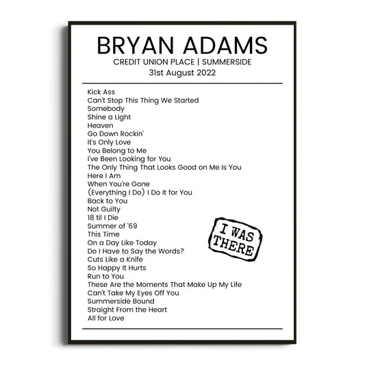 Bryan Adams Summerside 31 August 2022 Setlist Poster