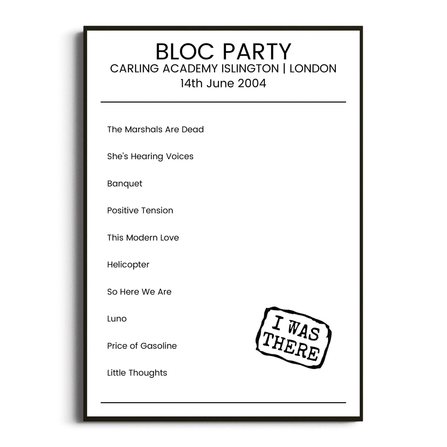 Bloc Party London 14 June 2004 Setlist Poster