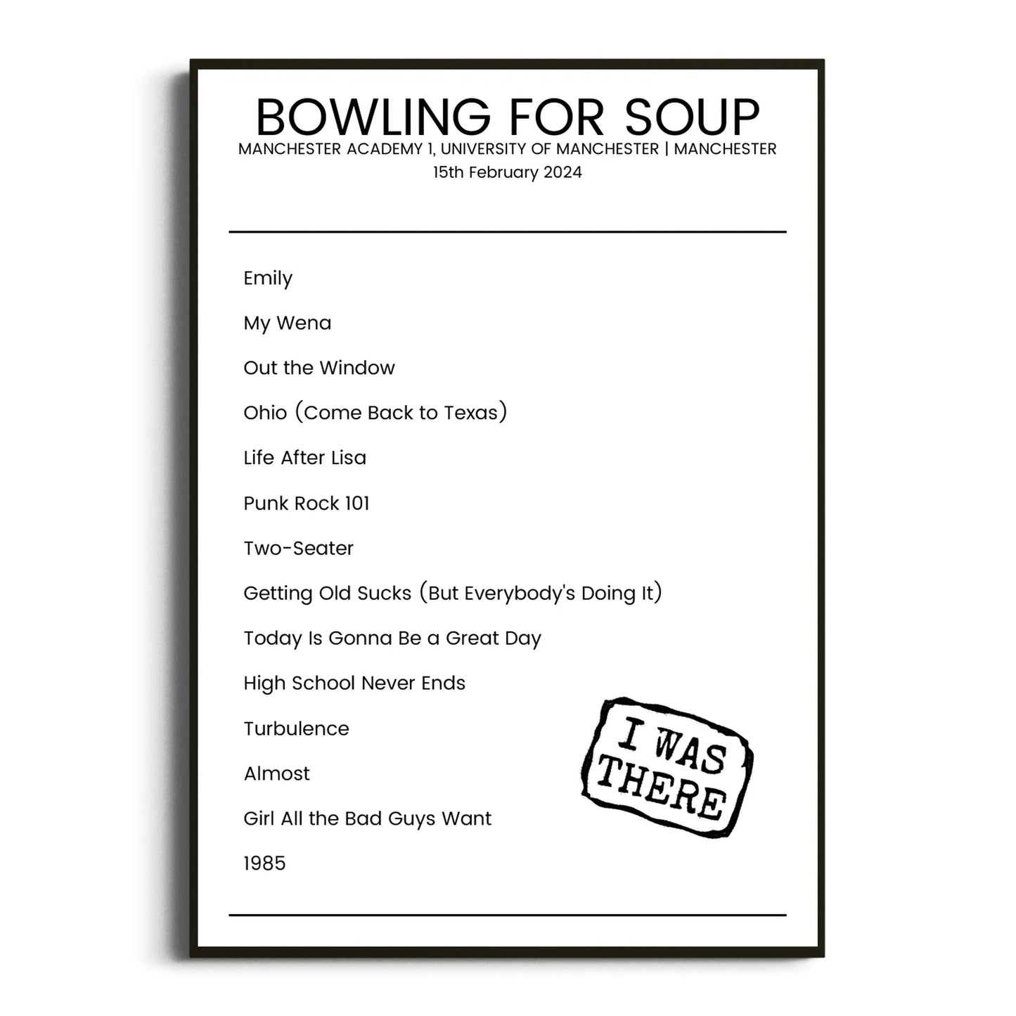 Bowling for Soup Manchester 15 February 2024 Setlist Poster