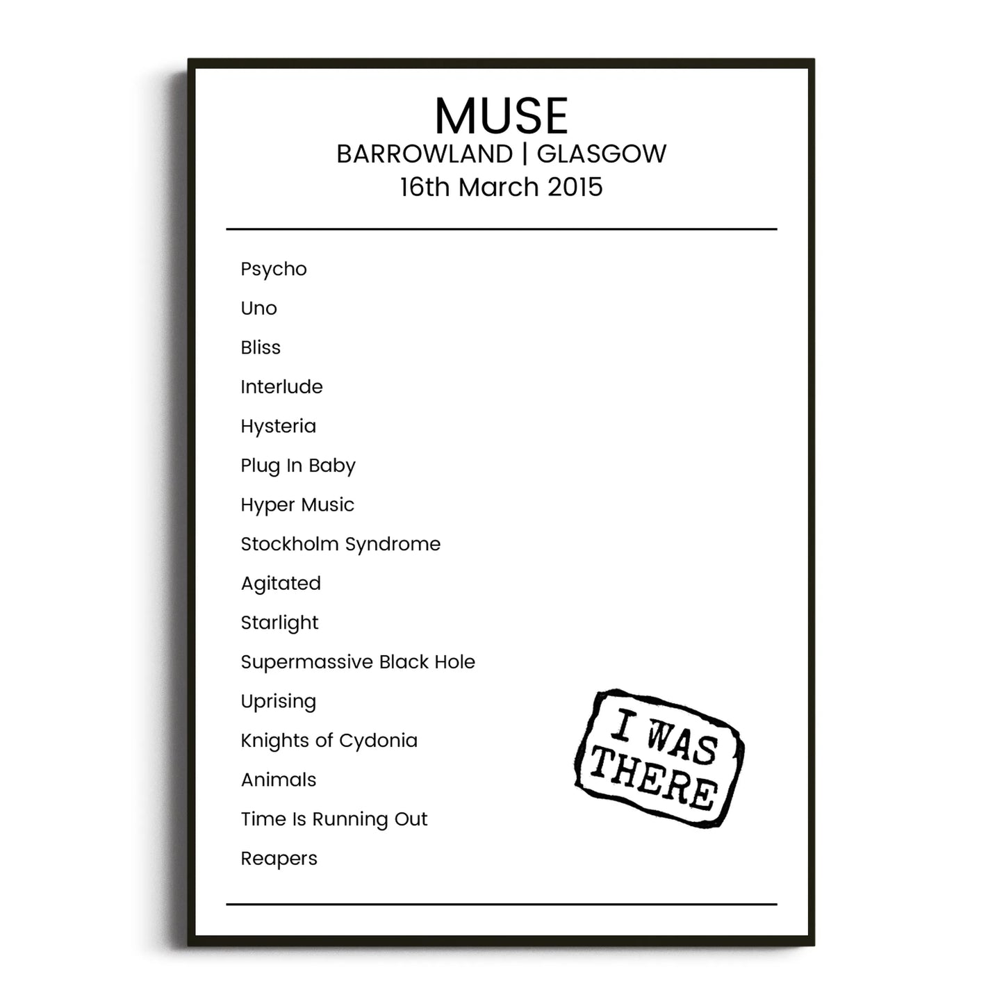 Muse Glasgow 16 March 2015 Setlist Poster