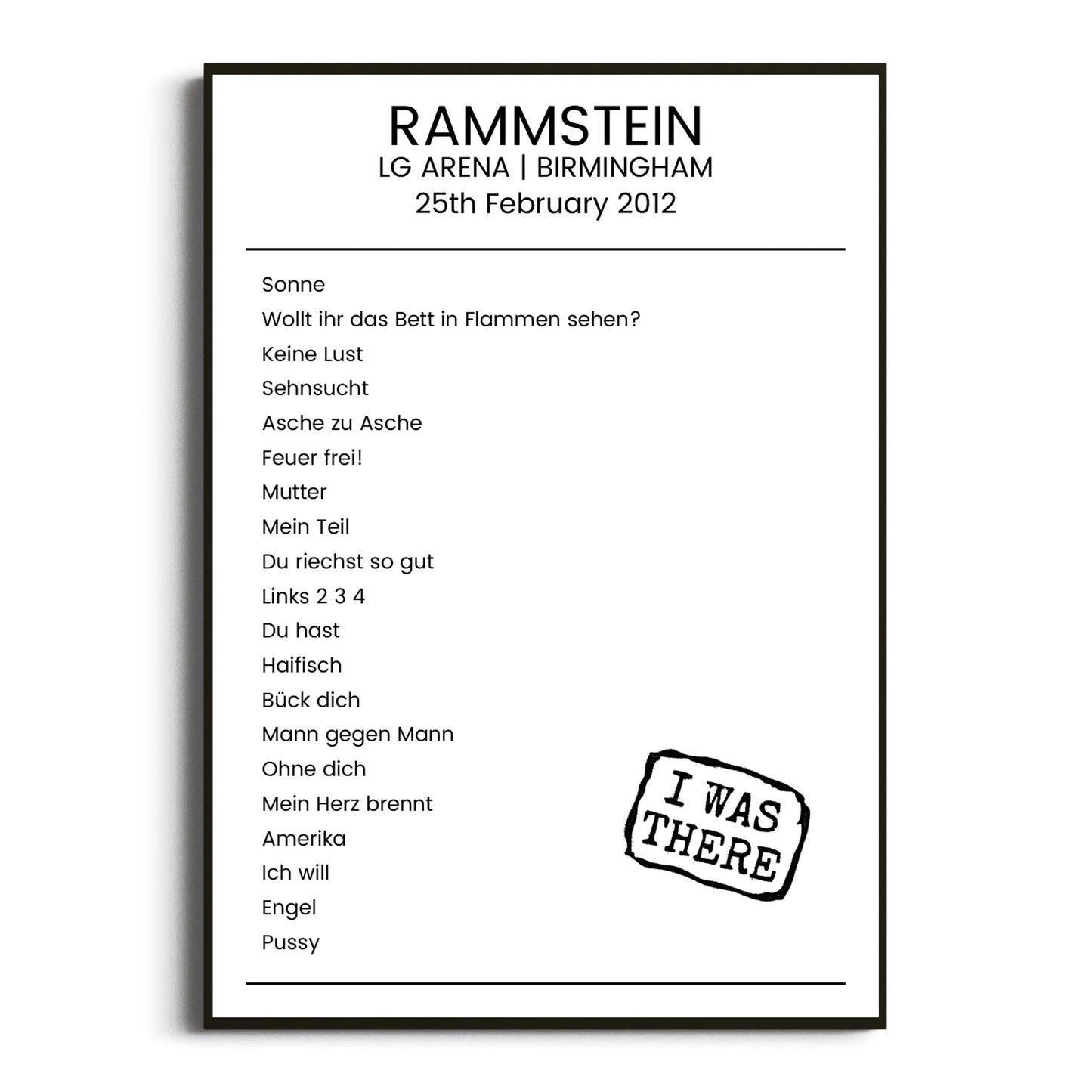 Rammstein Birmingham 25 February 2012 Setlist Poster