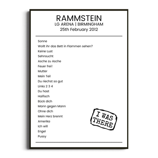 Rammstein Birmingham 25 February 2012 Setlist Poster