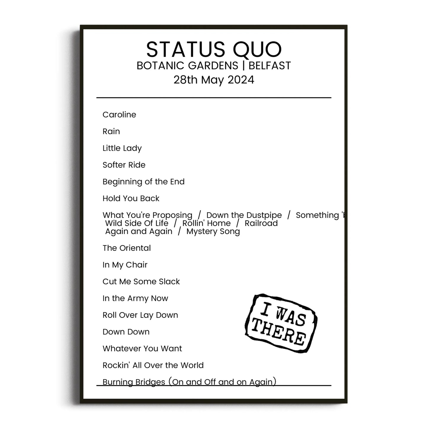 Status Quo Belfast 28 May 2024 Setlist Poster