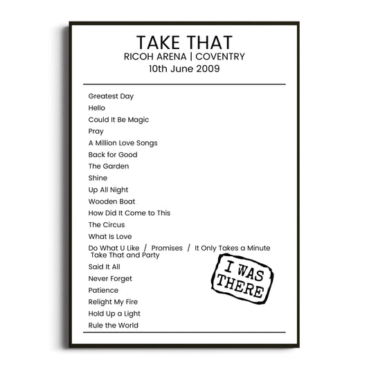 Take That Coventry 10 June 2009 Setlist Poster