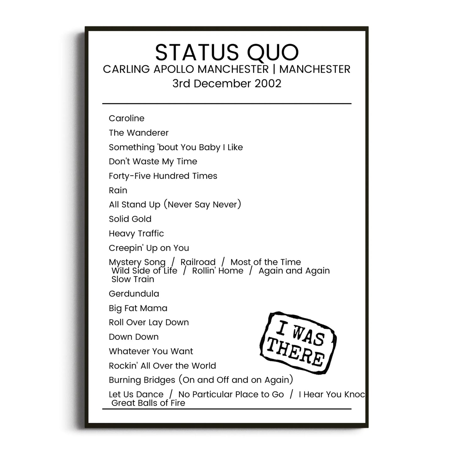 Status Quo Manchester 03 December 2002 Setlist Poster