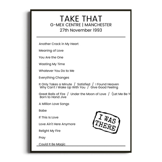 Take That Manchester 27 November 1993 Setlist Poster