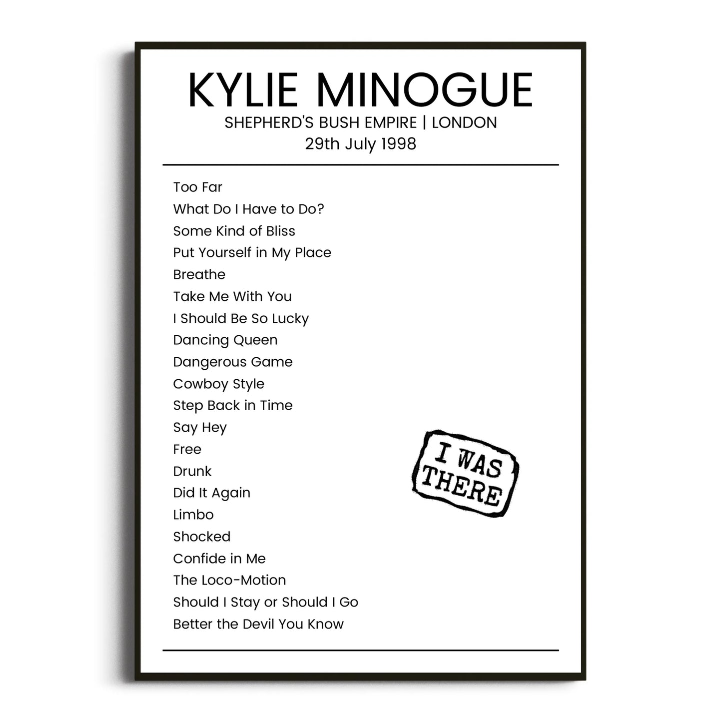 Kylie Minogue London 29 July 1998 Setlist Poster