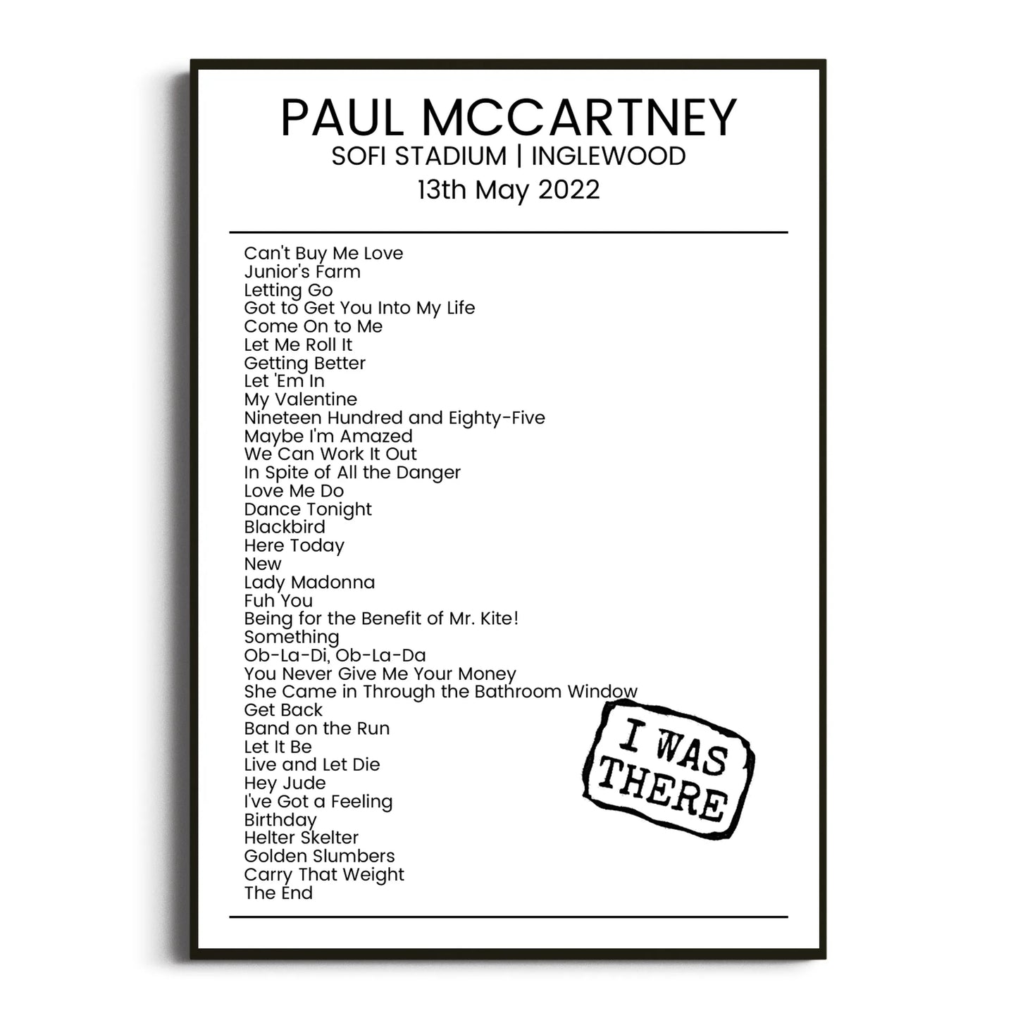 Paul McCartney Inglewood 13 May 2022 Setlist Poster