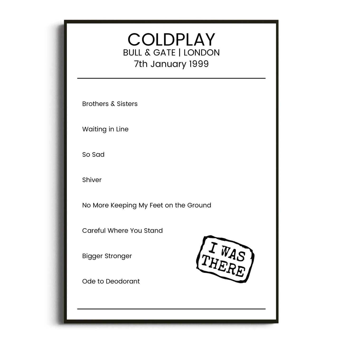 Coldplay London 07 January 1999 Setlist Poster