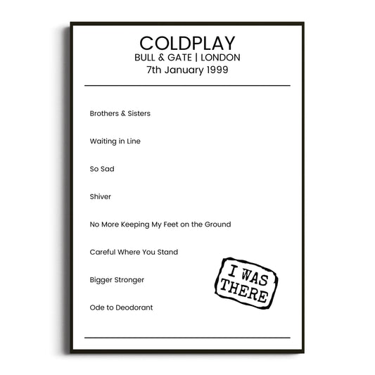 Coldplay London 07 January 1999 Setlist Poster