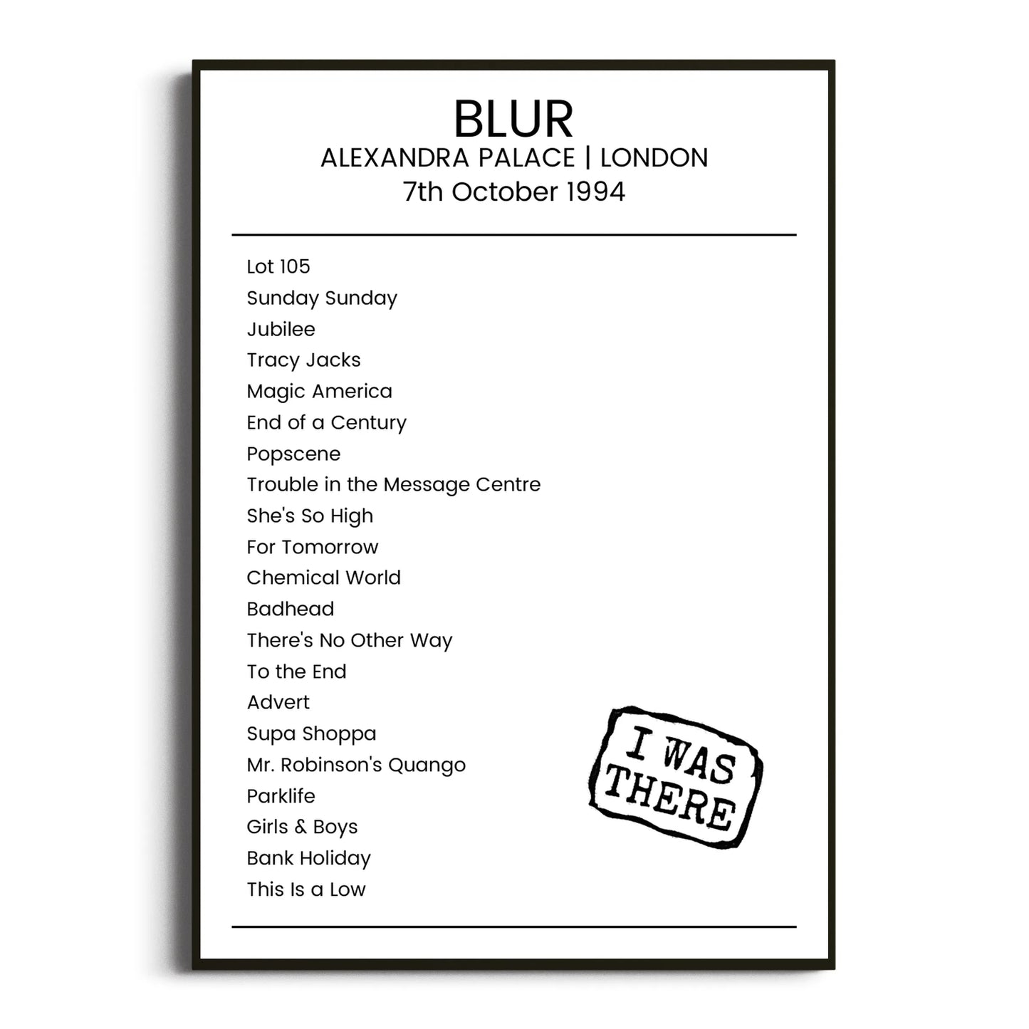 Blur London 07 October 1994 Setlist Poster