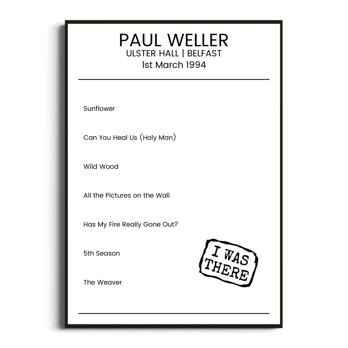 Paul Weller Belfast 01 March 1994 Setlist Poster