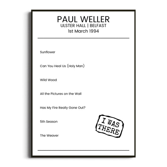 Paul Weller Belfast 01 March 1994 Setlist Poster