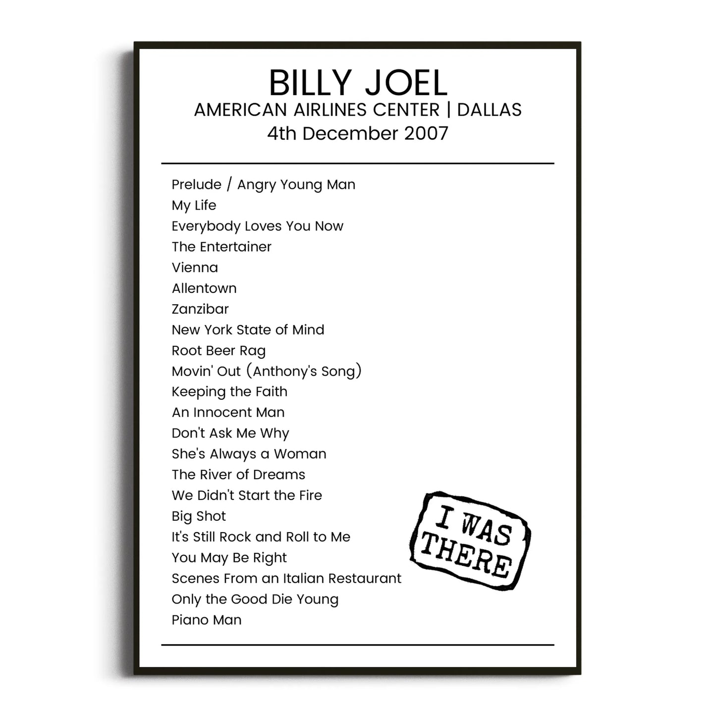 Billy Joel Dallas 04 December 2007 Setlist Poster