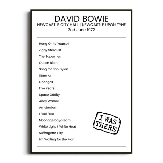 David Bowie Newcastle upon Tyne 02 June 1972 Setlist Poster