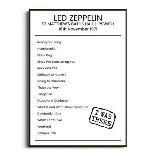 Led Zeppelin Ipswich 16 November 1971 Setlist Poster