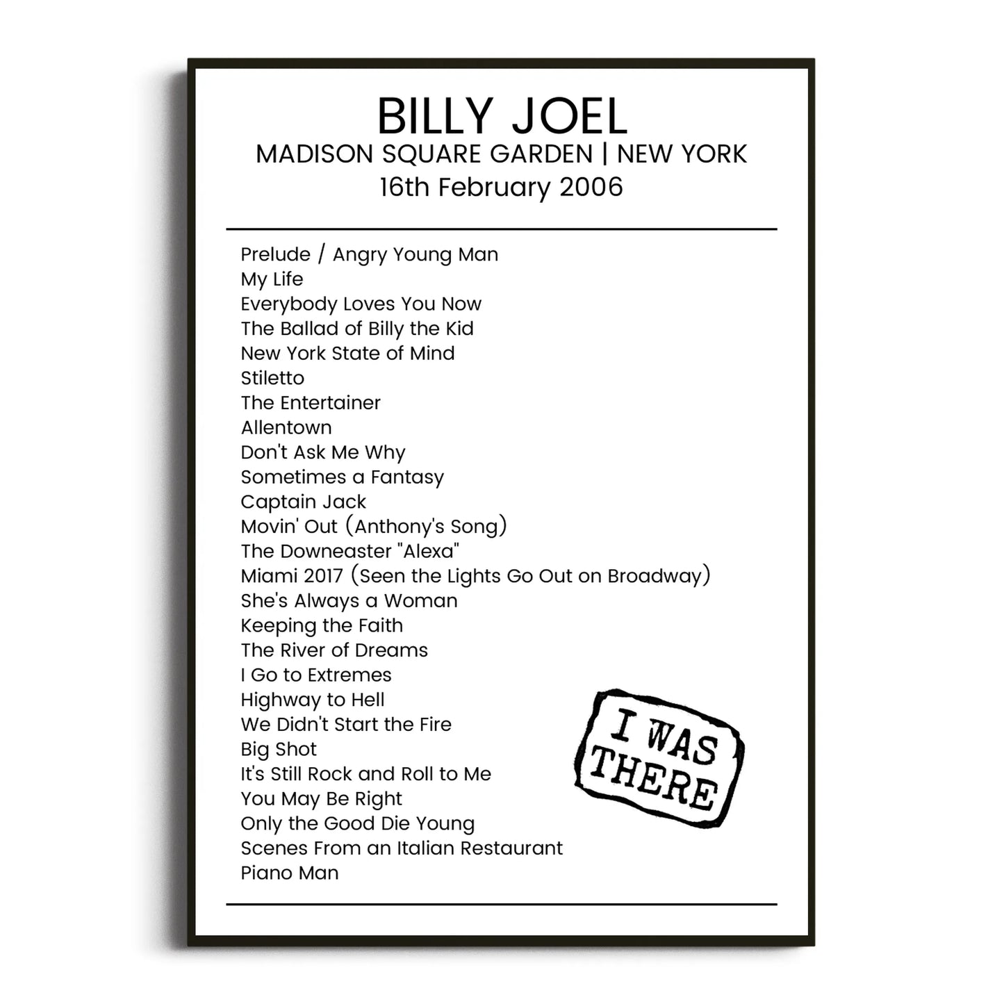 Billy Joel New York 16 February 2006 Setlist Poster