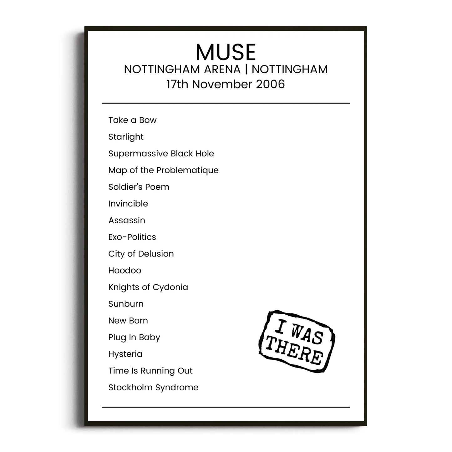 Muse Nottingham 17 November 2006 Setlist Poster