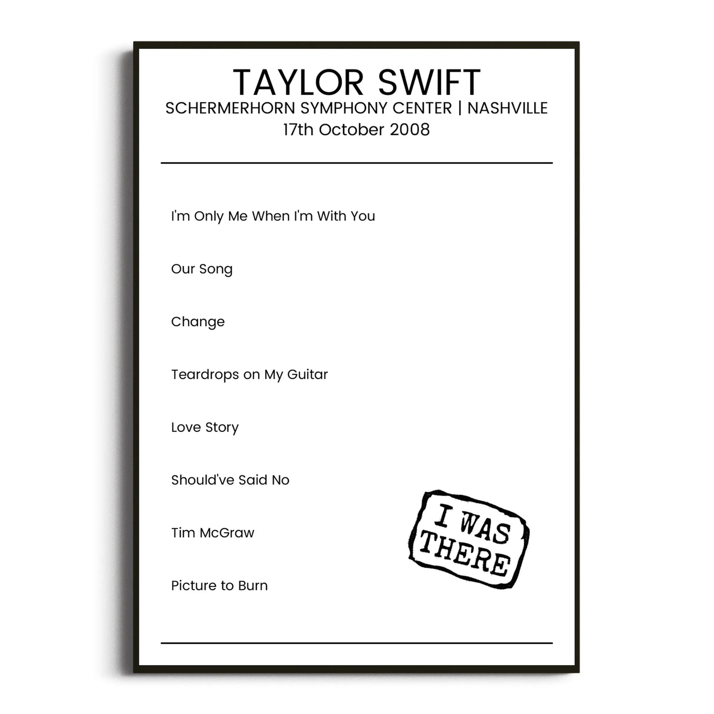 Taylor Swift Nashville 17 October 2008 Setlist Poster