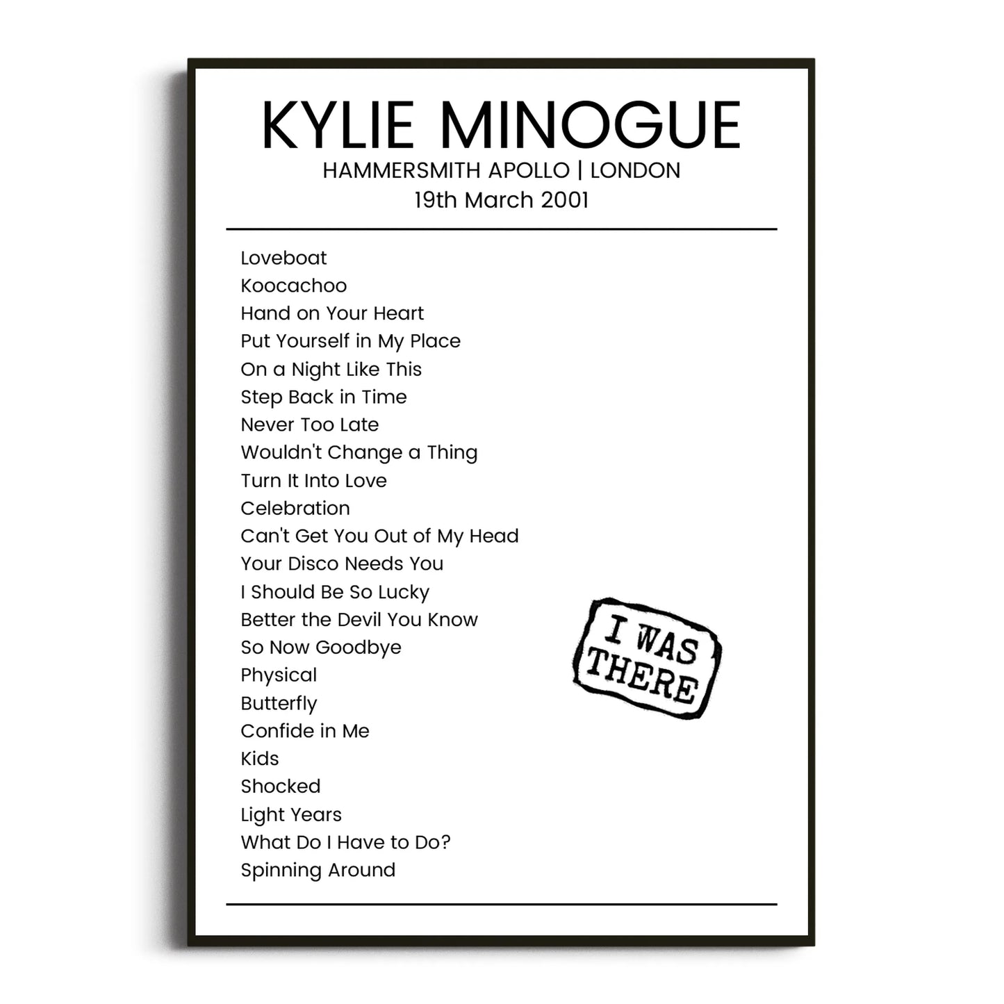 Kylie Minogue London 19 March 2001 Setlist Poster