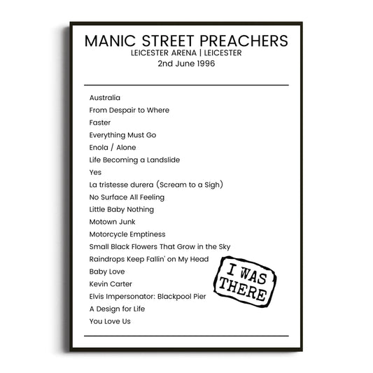 Manic Street Preachers Leicester 02 June 1996 Setlist Poster