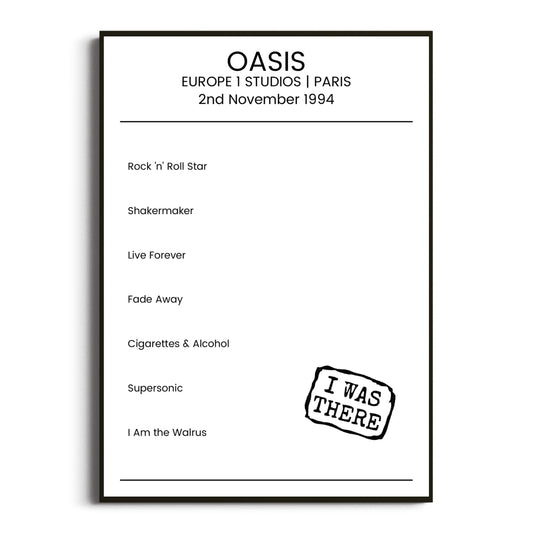 Oasis Paris 02 November 1994 Setlist Poster