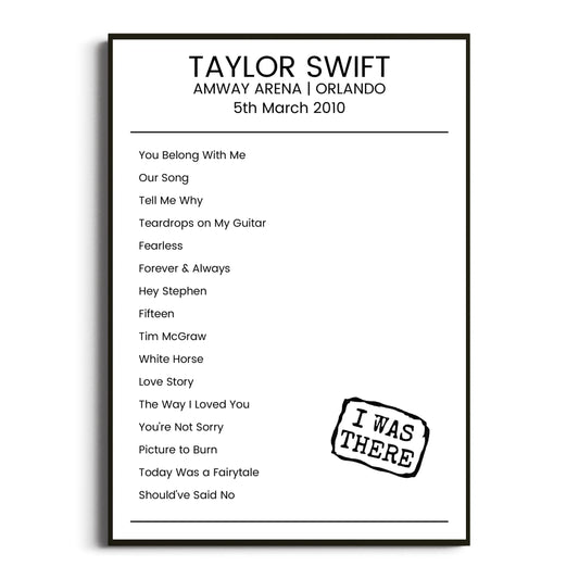 Taylor Swift Orlando 05 March 2010 Setlist Poster