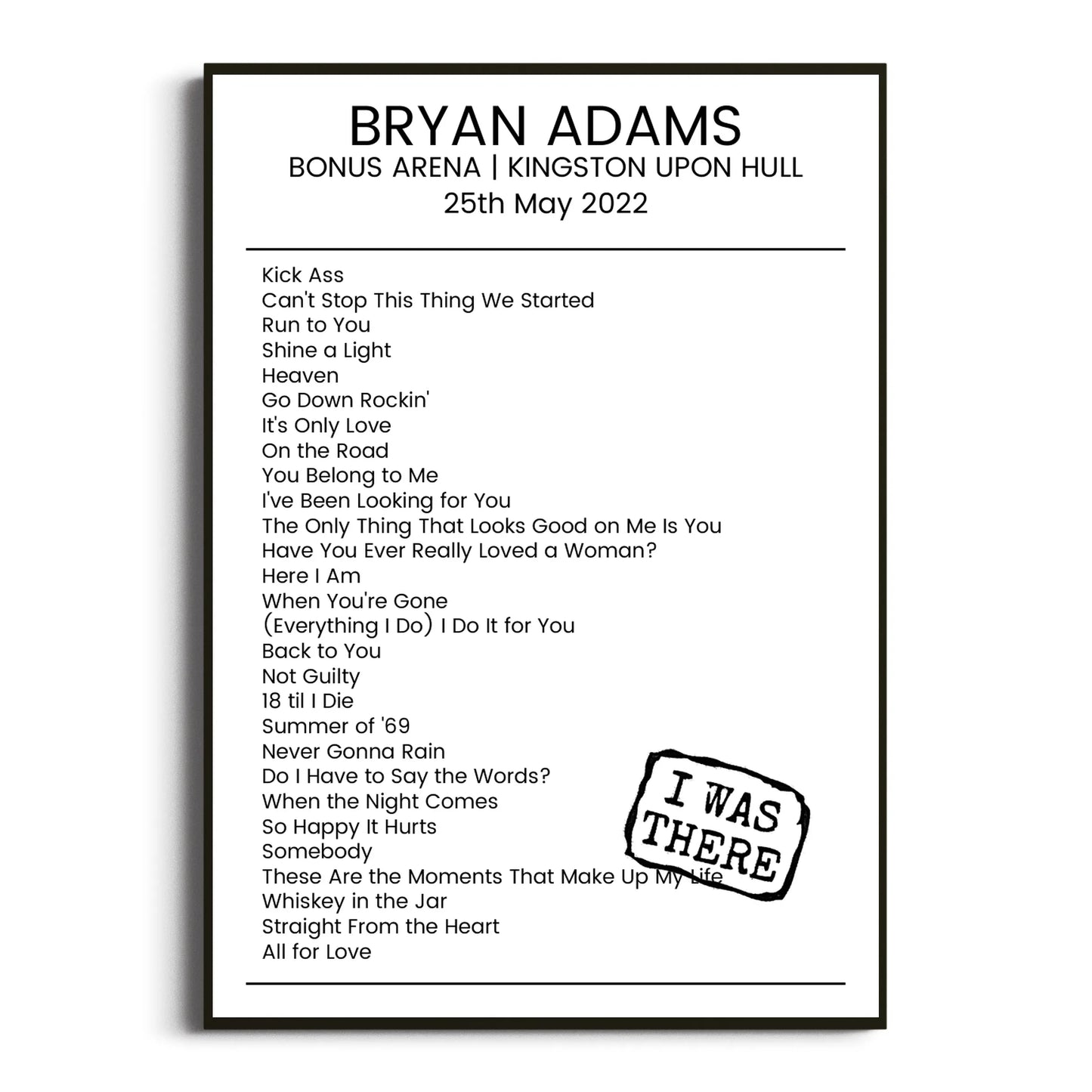 Bryan Adams Kingston upon Hull 25 May 2022 Setlist Poster