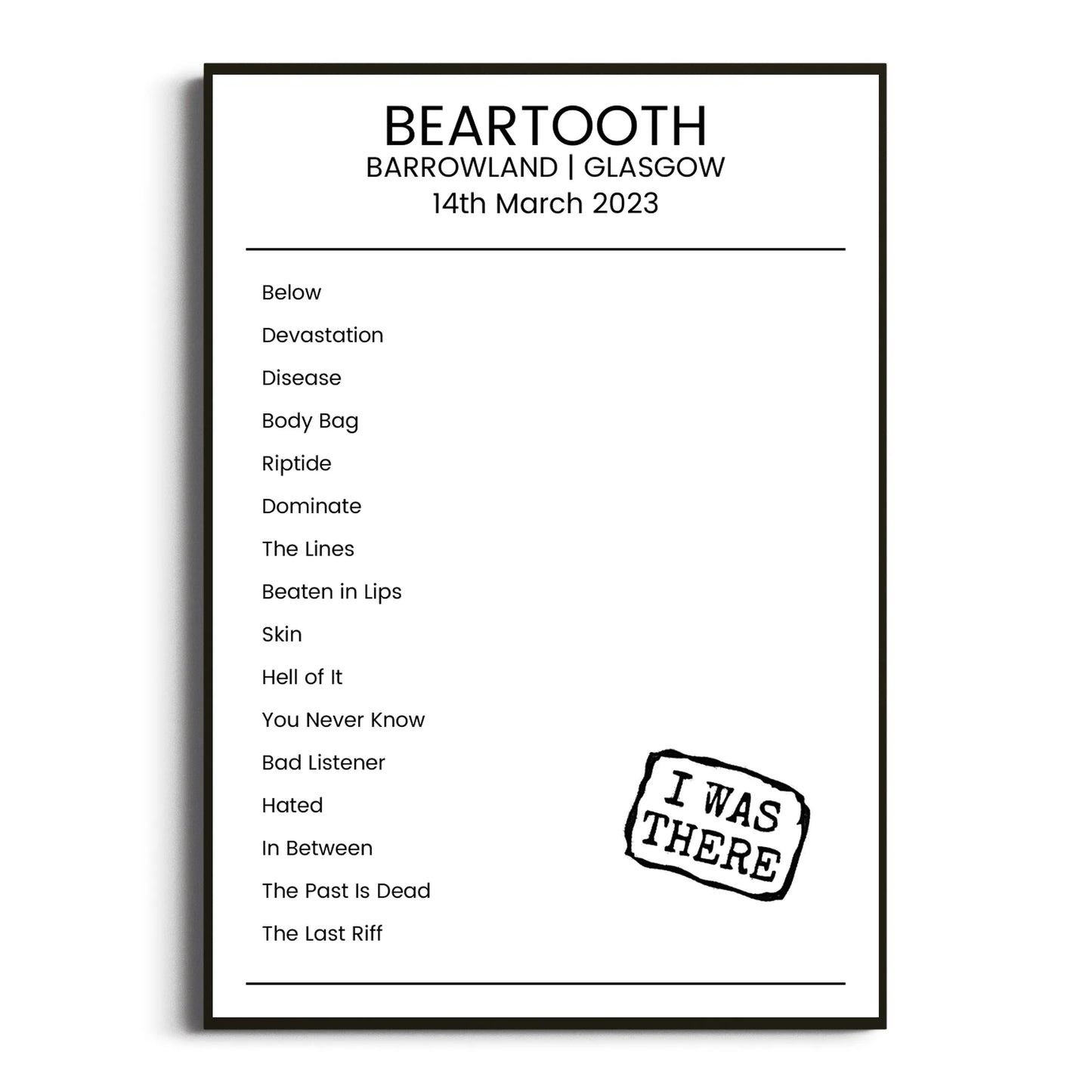 Beartooth Glasgow 14 March 2023 Setlist Poster