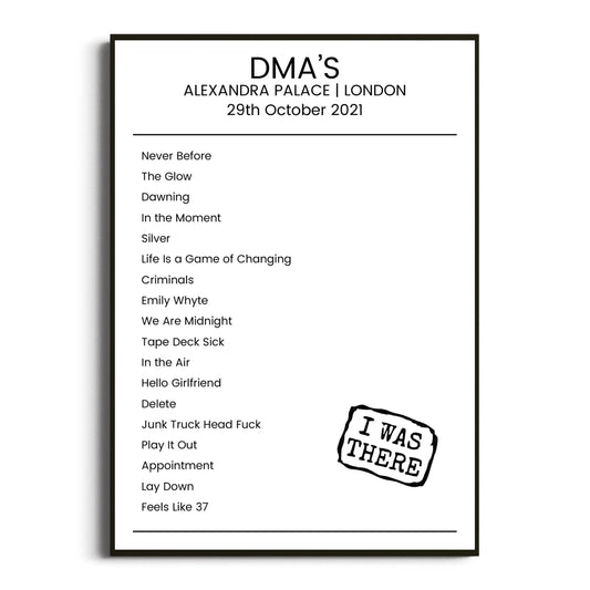 DMA’s London 29 October 2021 Setlist Poster