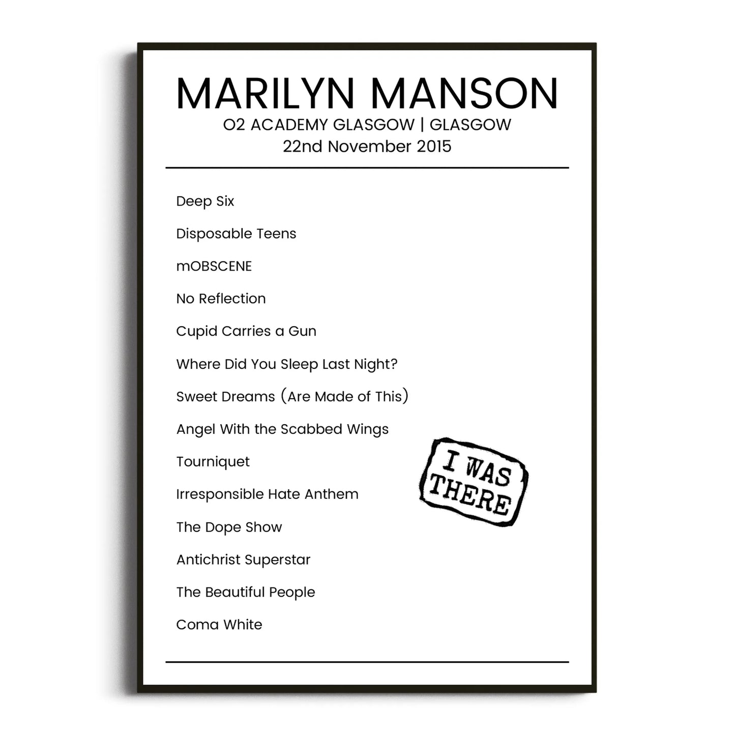 Marilyn Manson Glasgow 22 November 2015 Setlist Poster