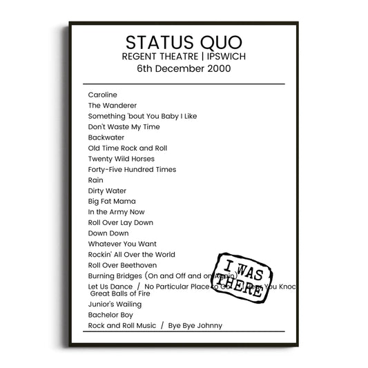 Status Quo Ipswich 06 December 2000 Setlist Poster