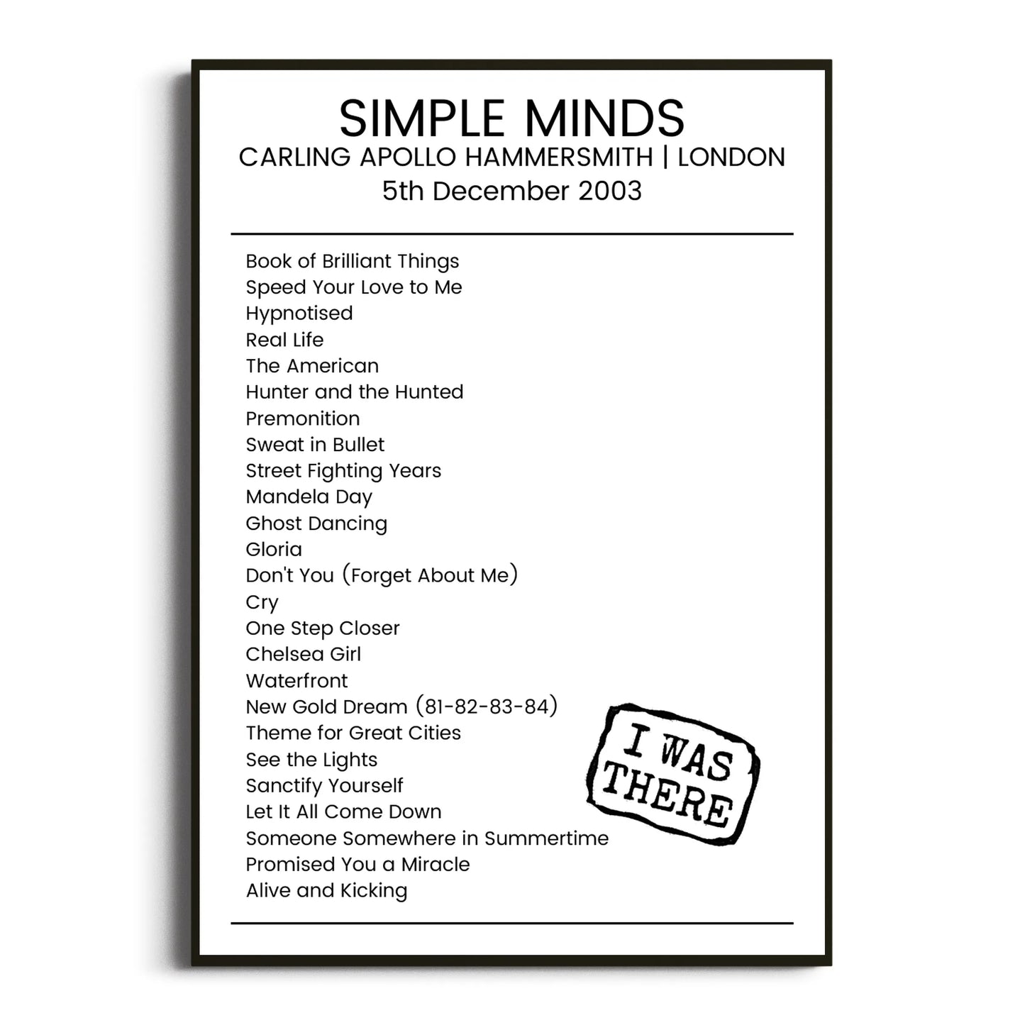 Simple Minds London 05 December 2003 Setlist Poster