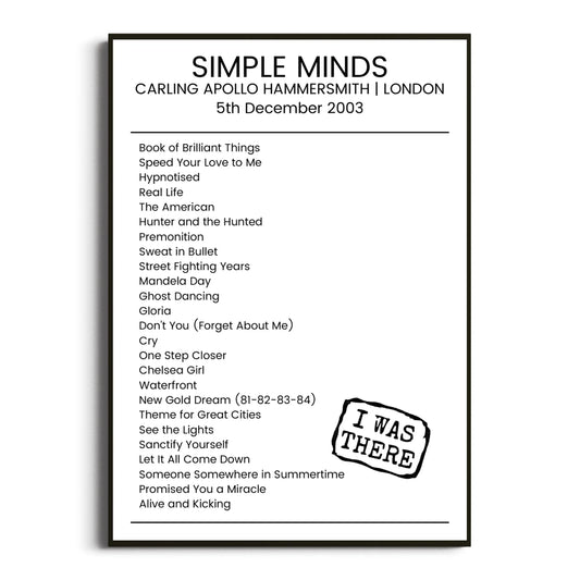 Simple Minds London 05 December 2003 Setlist Poster